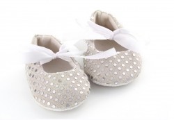  Fashionable Wedding Baby Girl Shoes in Silver with Sparkling Sequins and Pink Bow