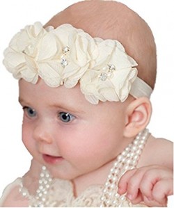  Gorgeous Off White Infant Headband with Three Flowers and Embellishments