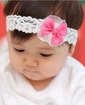  babyGirl white chiffon linen cute Pink flower soft elastic Headband. Kids Hair Accessory. 